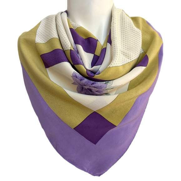 Vintage Gu Yun He 100% Silk Scarf - Purple & Gold Floral - Hand Rolled Edges - Picture 1 of 11